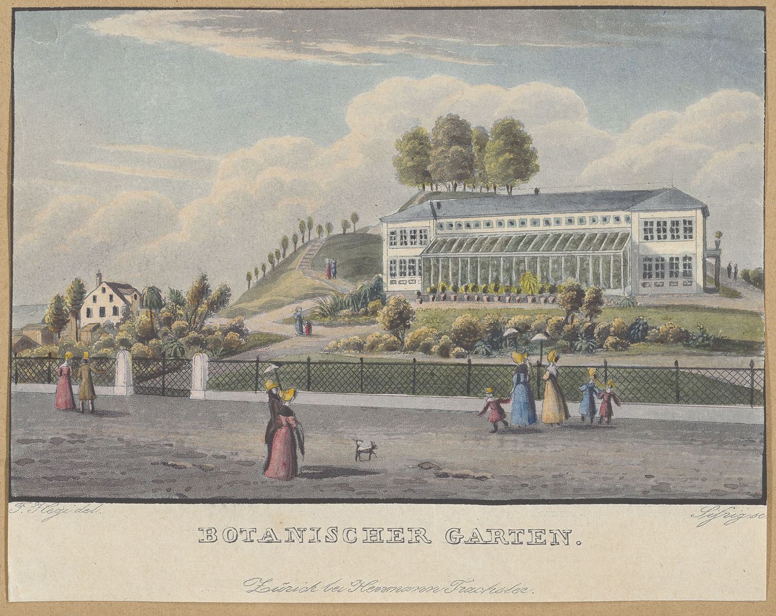 Alter Botanischer Garten in Zürich mit dem 1839 erbauten Wohn- und Gewächshaus. Der Garten wird vom ersten Universitätsgärtner Theodor Froebel (1810–1893) angelegt. Stich von Heinrich Siegfried nach einer Zeichnung von Franz Hegi. (Bild: ZB Zürich)