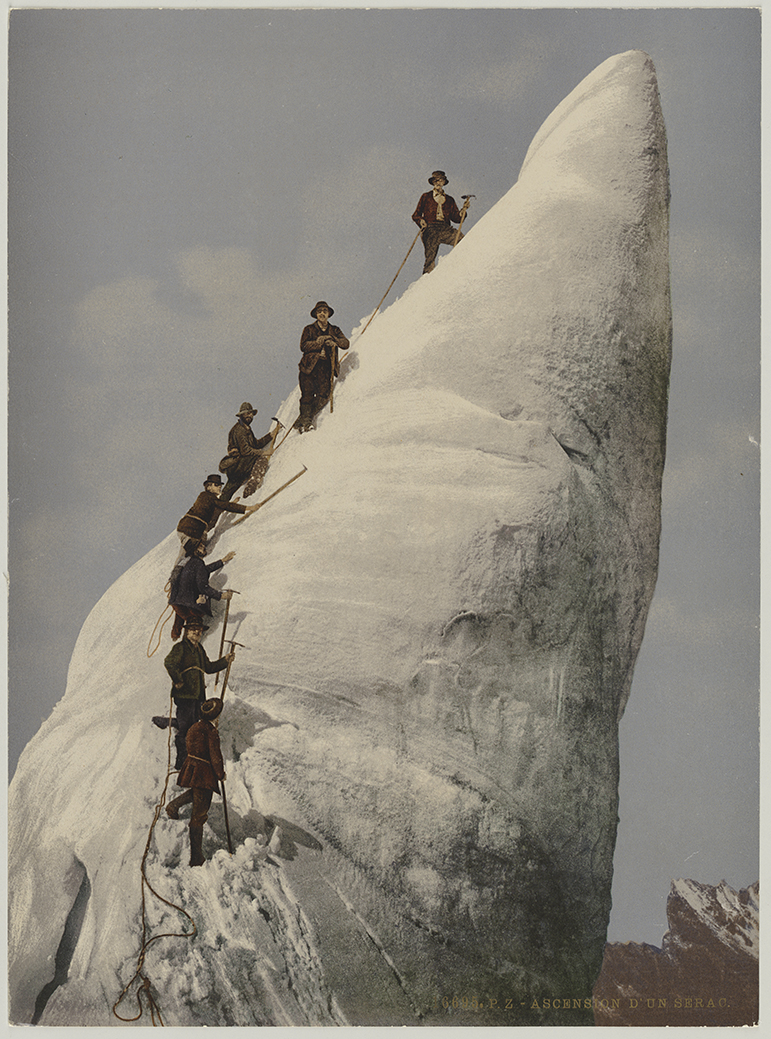 [Vallée de Chamonix. Mont-Blanc] Ascension d’un sérac. Zürich: [Photochrom Zürich], 1899. Print.