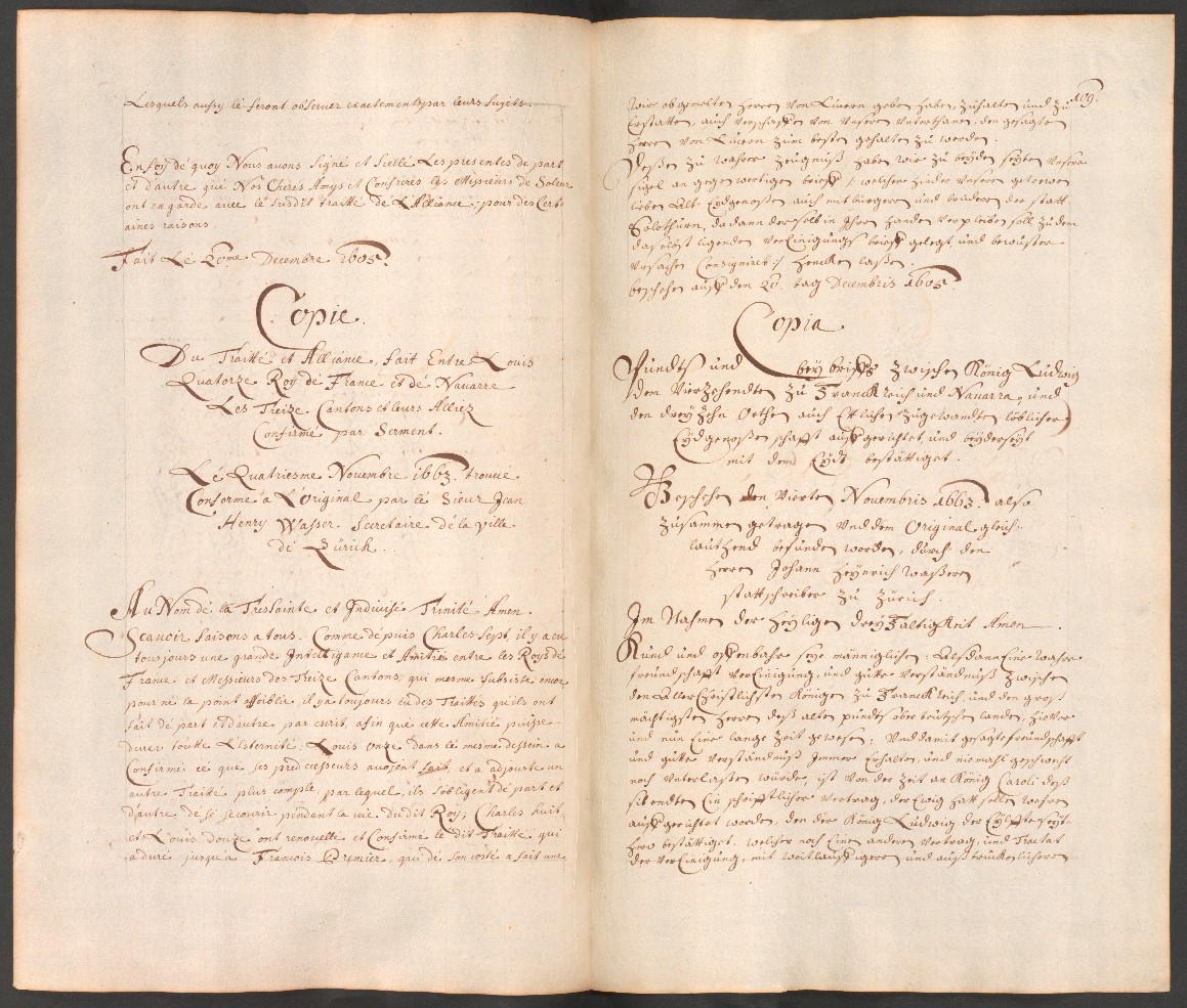 Doppelseite aus Wasers Abschriften der Verträge mit Frankreich. Links der Wortlaut auf Französisch, rechts auf Deutsch. ZBZ, Ms. Z I 190, fol. 108v-109r