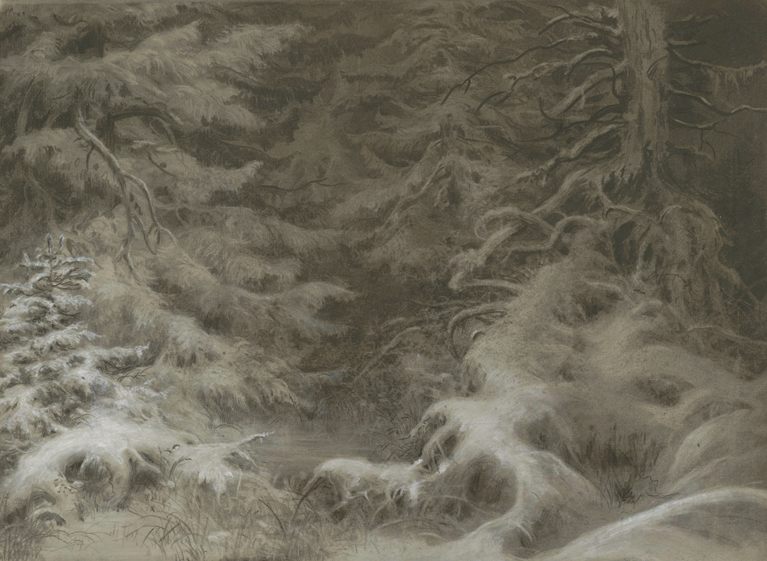 Winterlicher Wald und Gew&auml;sser (Zeichnung); Corrodi, August 1826-1885.