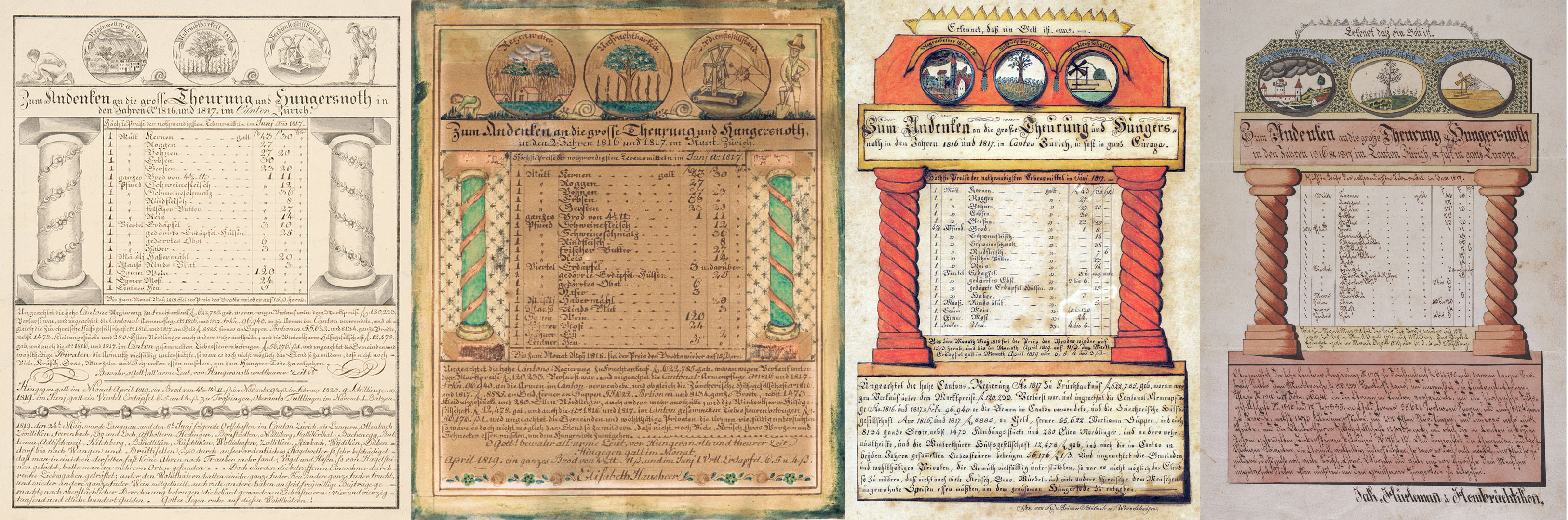 Von der gezeigten Teuerungstafel existieren zahlreiche Kopien. Alle weisen praktisch identische Bildelemente, Zahlen und Texte auf, einige sind namentlich gezeichnet. (Bilder: ZB Z&uuml;rich; Ortsmuseum Wollishofen; Ortsmuseum Hinwil; Schweizerisches Nationalmuseum)