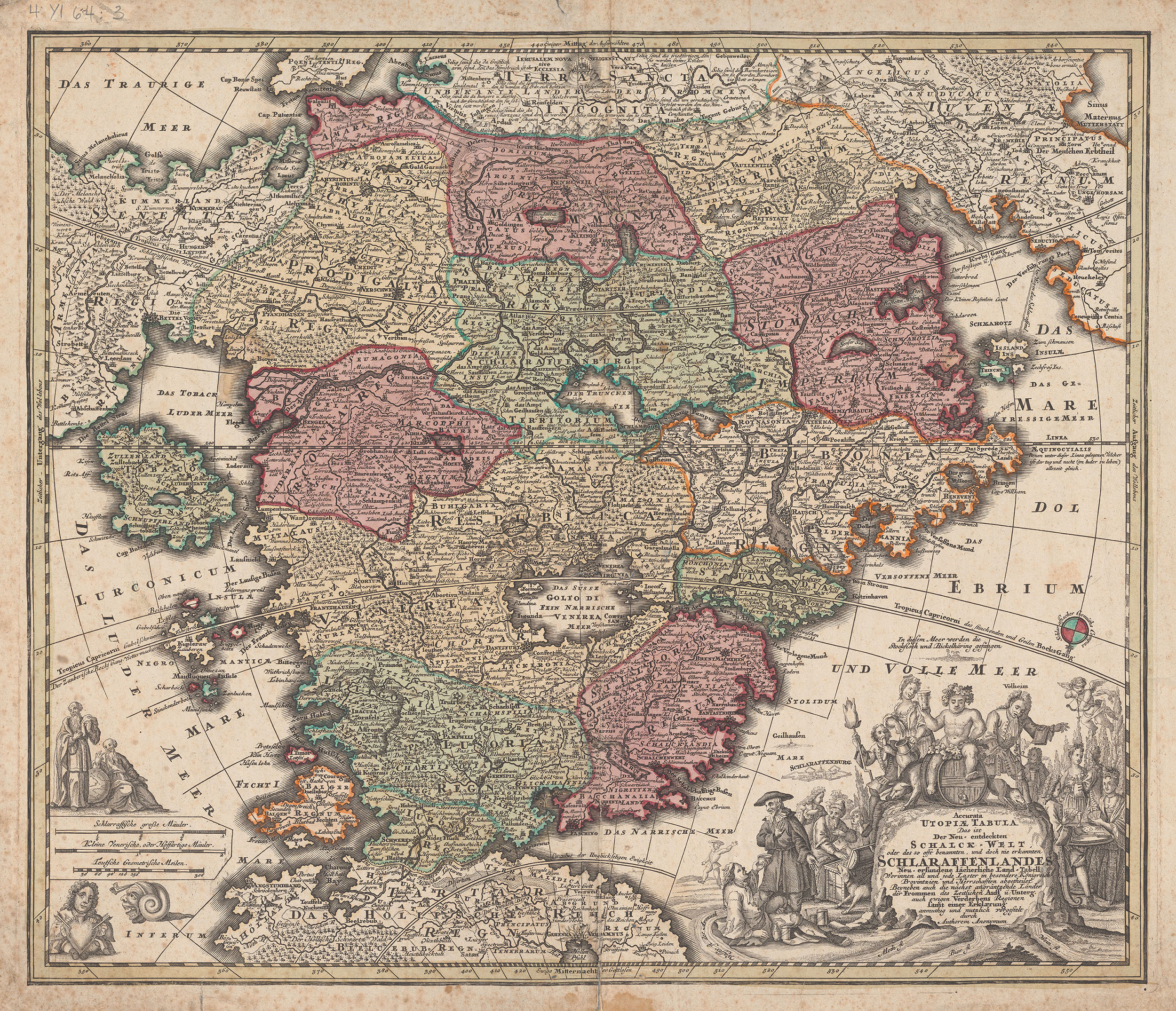 Die Karte «Accurata Utopiae Tabula» bezeichnet Länder und Gegenden als menschliche Laster. (Bild: ZB Zürich, 4 Yl 64: 3)