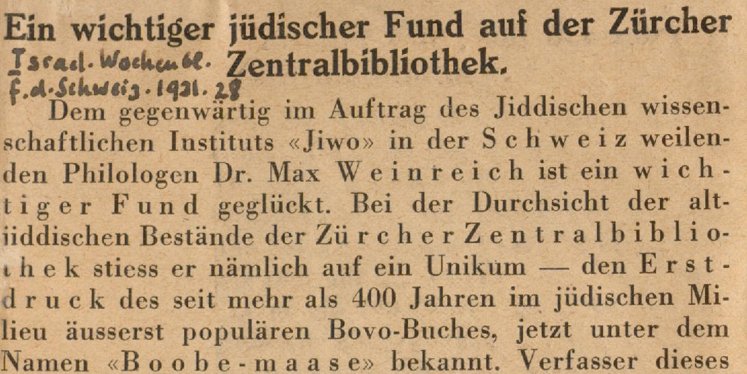 Ein jiddischer Ritterroman: «Bovo de-Anṭona»