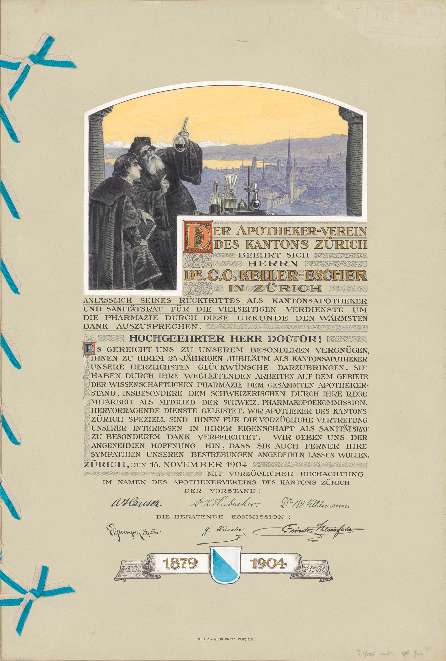 Kaligr. v. Gebrüder Fretz, Zürich: Urkunde für Carl Caspar Keller. Zeichnung, Feder, Pinsel, Goldfarbe, weiss gehöht ; 33,8 x 19 cm.