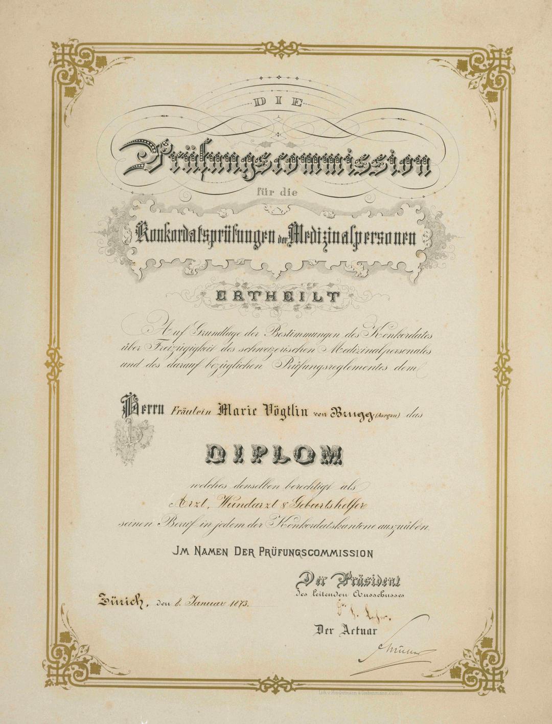 Diplom von Marie Heim-Vögtlin, der ersten Schweizer Ärztin