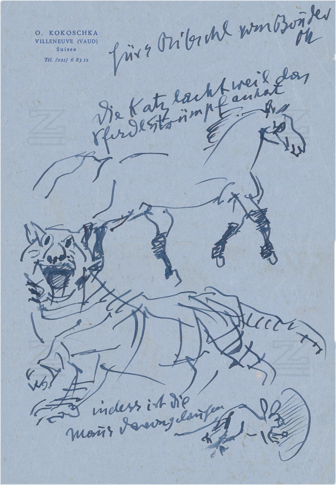 "Die Katz lacht weil das Pferdl Strümpf anhat - indess ist die Maus davongelaufen." Eine von vielen humorvollen Briefzeichnungen des Künstlers in seinem schriftlichen Nachlass in der ZB Zürich. (Nachl. O. Kokoschka 24.9 / © Fondation Oskar Kokoschka / 2021, ProLitteris)