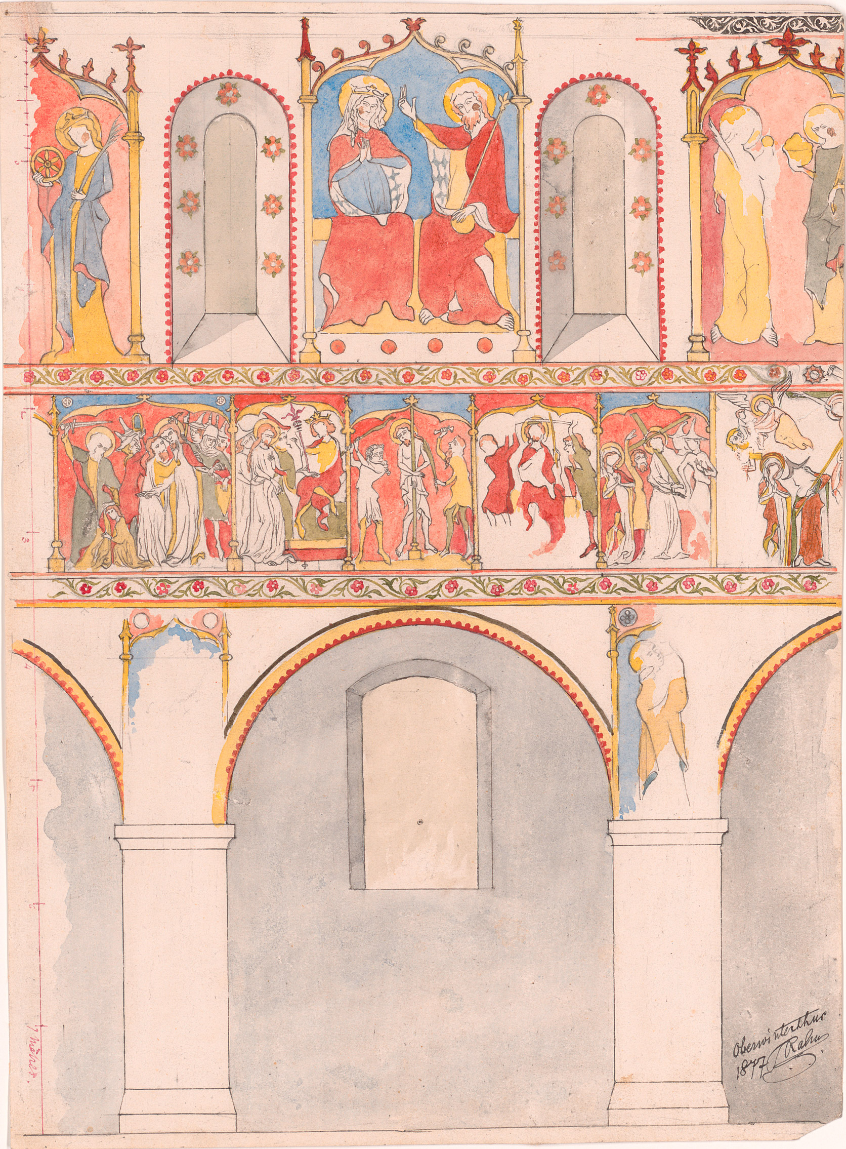 Johann Rudolf Rahn, Fresken an der Südwand in St. Arbogast in Oberwinterthur, 1877, Feder, aquarelliert, Zentralbibliothek Zürich, Graphische Sammlung und Fotoarchiv