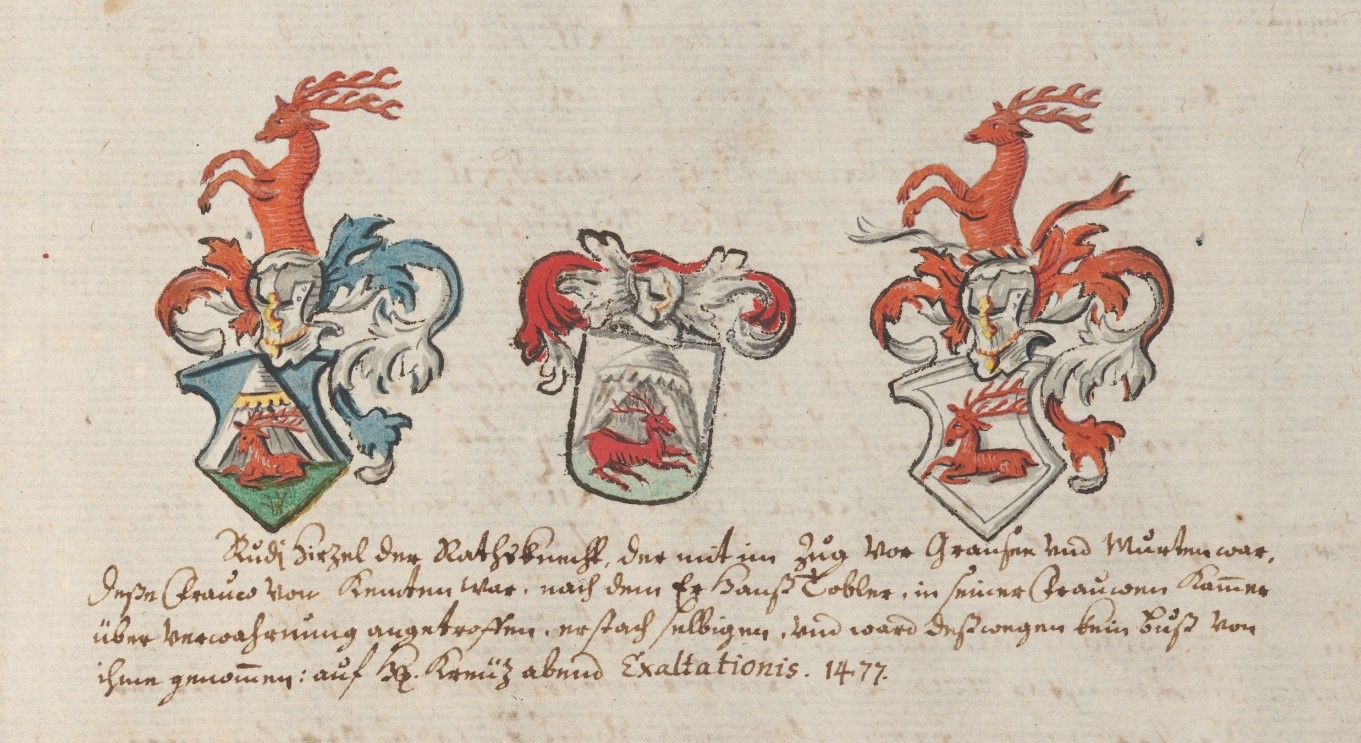 Hirsch und Zelt im Wappen der Familie Hirzel. Zeichnungen aus Pfarrer Erhard Dürstelers genealogischem Werk «Stemmatologia tigurina», 18. Jh. (ZB, Ms. E 18a, f. 452r) 