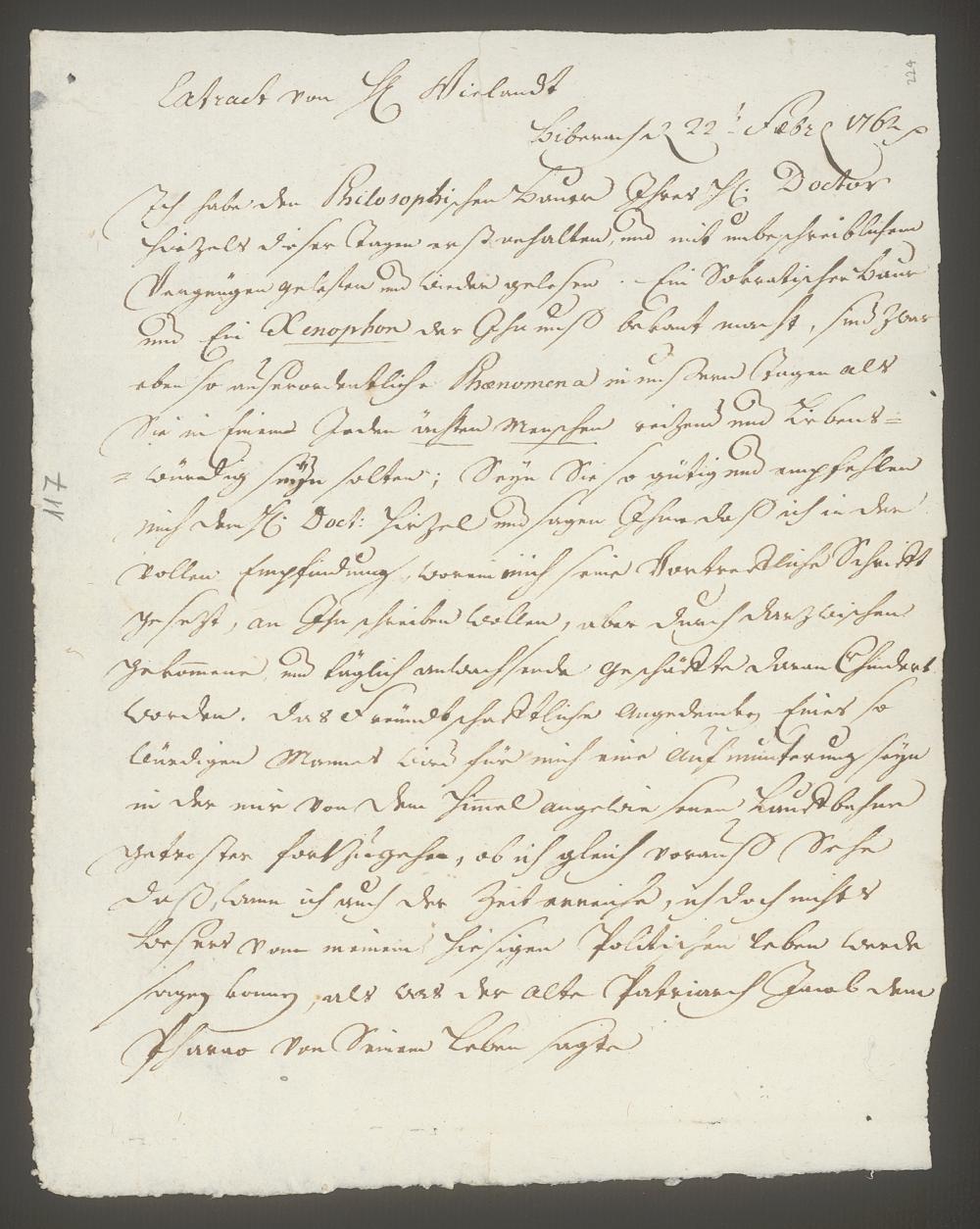 Beispiel für einen restaurierten Briefbogen aus der Sammlung des Stadtarztes Hans Caspar Hirzel, 18. Jh. (ZB, FA Hirzel 238.117)