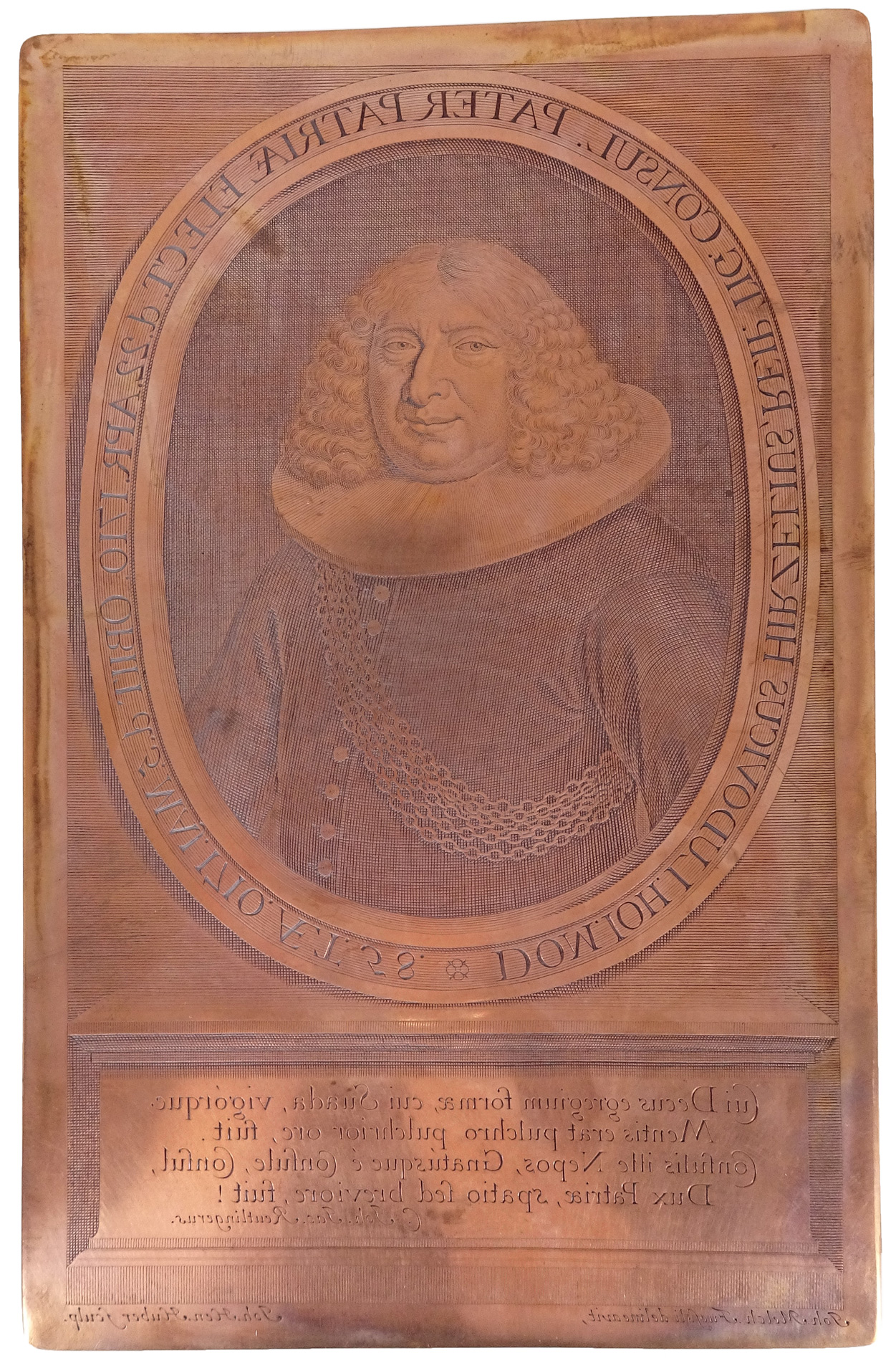 Kupferplatte mit dem Porträt von Bürgermeister Hans Ludwig Hirzel (1652-1710), 1710, gezeichnet von Johann Melchior Füssli, gestochen von Johann Heinrich Huber. <br>(ZB, FA Hirzel 203 la)