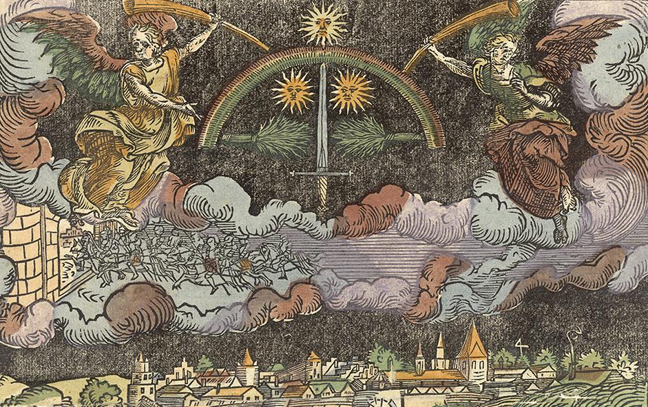 Himmelserscheinungen über der Stadt Wenden bei Riga. Der kolorierte Holzschnitt von 1573 illustriert die Baltica-Sammlung der Zentralbibliothek.