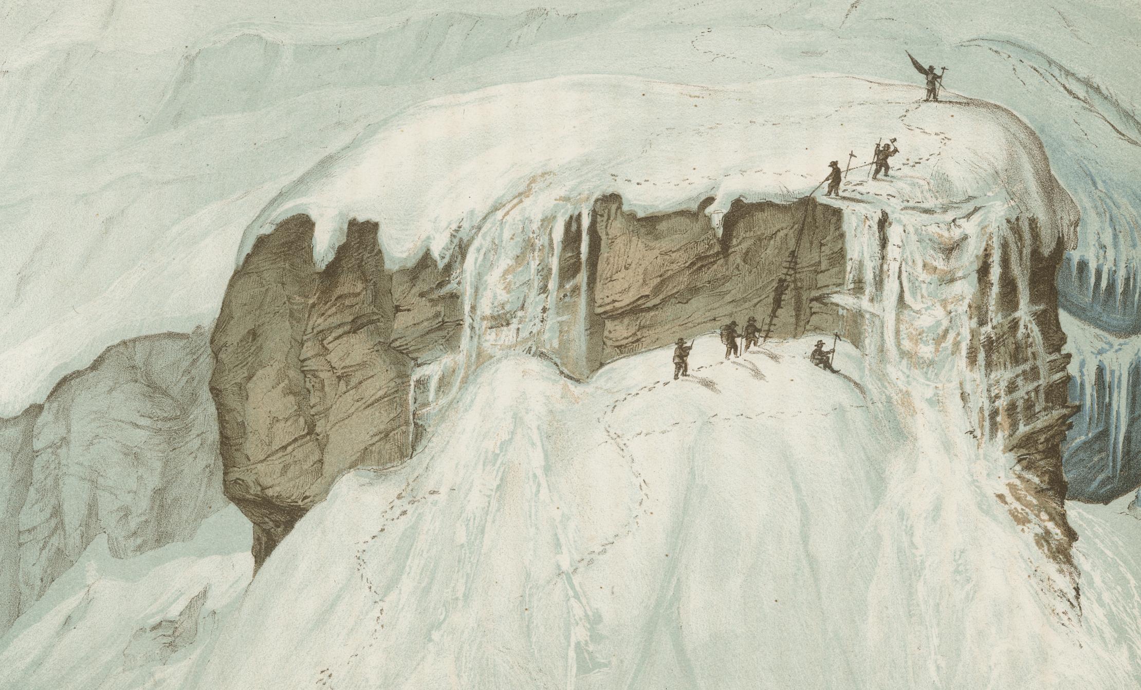 The print “Das Leiterflühli” from the book “Doldenhorn und Weisse Frau” (1863) is part of the SAC Library’s holdings on the history of mountaineering.