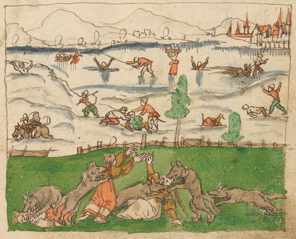 The illustrator does not depict a cheerful scene of winter sports on a frozen lake, but rather death and misery after heavy snowfall. 1571 was recorded in the chronicles as a ‘year of famine’. (Image: ZB Zürich, Ms. F 19, f. 191v)
