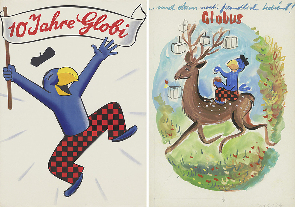 Poster marking Globi’s 10th anniversary (left), 1942; promotional poster design (right), circa 1950. (Images: Estate of J.K. Schiele/ZB Zürich)