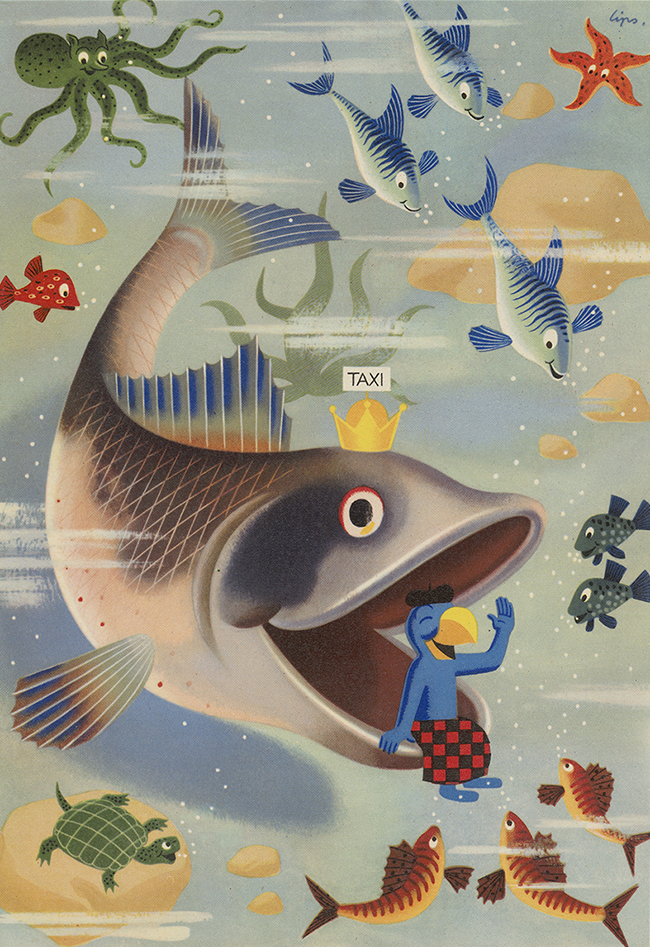 ‘Globi bei den Meerestieren’ (Globi and the Sea Creatures), image template for the Globi cube game from 1942. (Image: Estate of J.K. Schiele/ZB Zürich).
