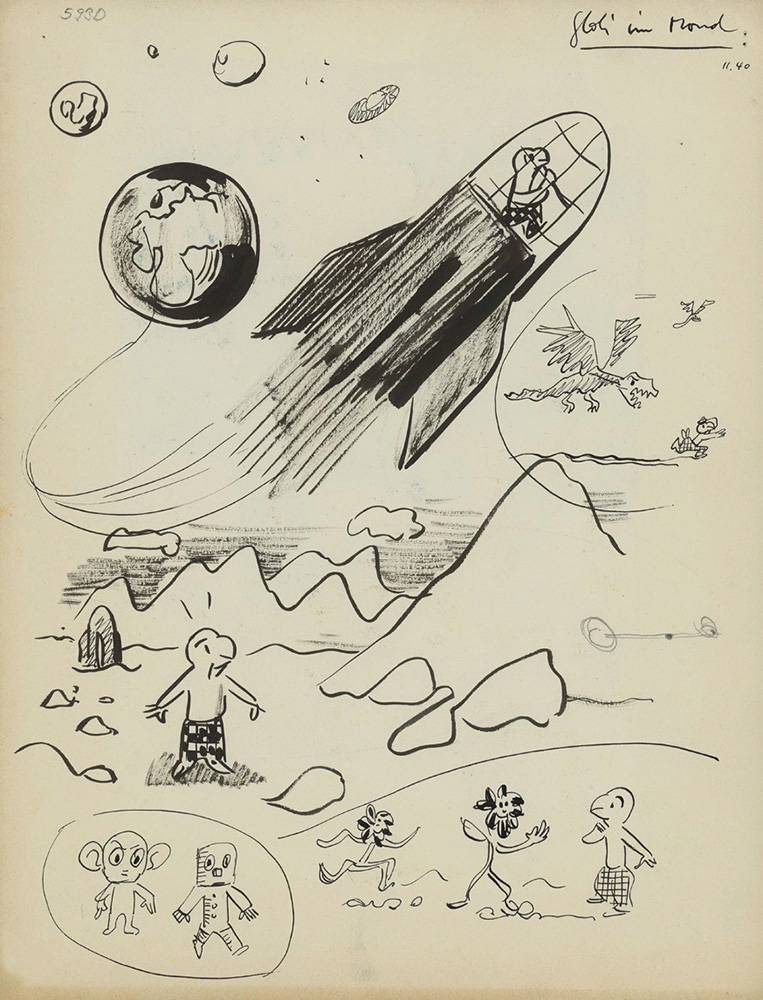 ‘Globi im Mond’ (Globi on the Moon), sketch by Robert Lips, 1940. (Image: Estate of J.K. Schiele/ZB Zürich)