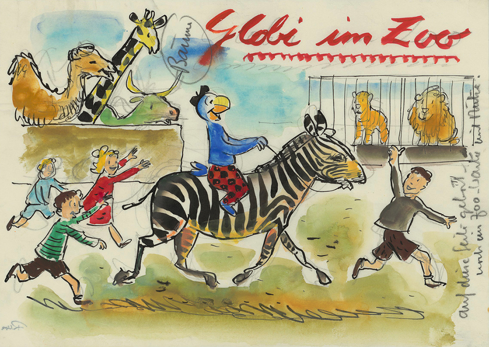 Robert Lips’s design for colouring book ‘Globi im Zoo’ (Globi at the Zoo), circa 1947. (Image: Estate of J.K. Schiele/ZB Zürich)