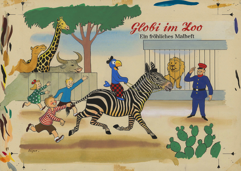 Robert Lips’ preliminary sketch for colouring book ‘Globi im Zoo’ (Globi at the Zoo), circa 1947. (Image: Estate of J.K. Schiele/ZB Zürich)