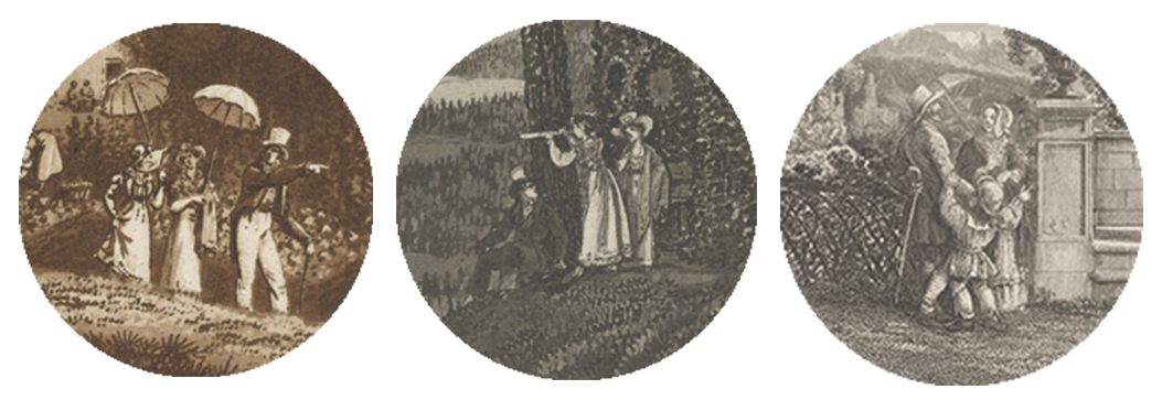Staffagefiguren im Fokus: Eine Gruppe vor dem Nidelbad, eine Frau sieht durch ein Fernglas, eine Familie bewundert das Nägeli-Monument