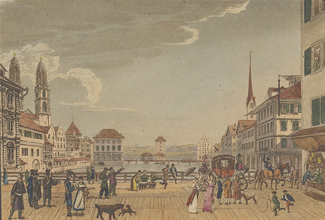Aussicht von der unteren Brücke in Zürich, 1830er Jahre