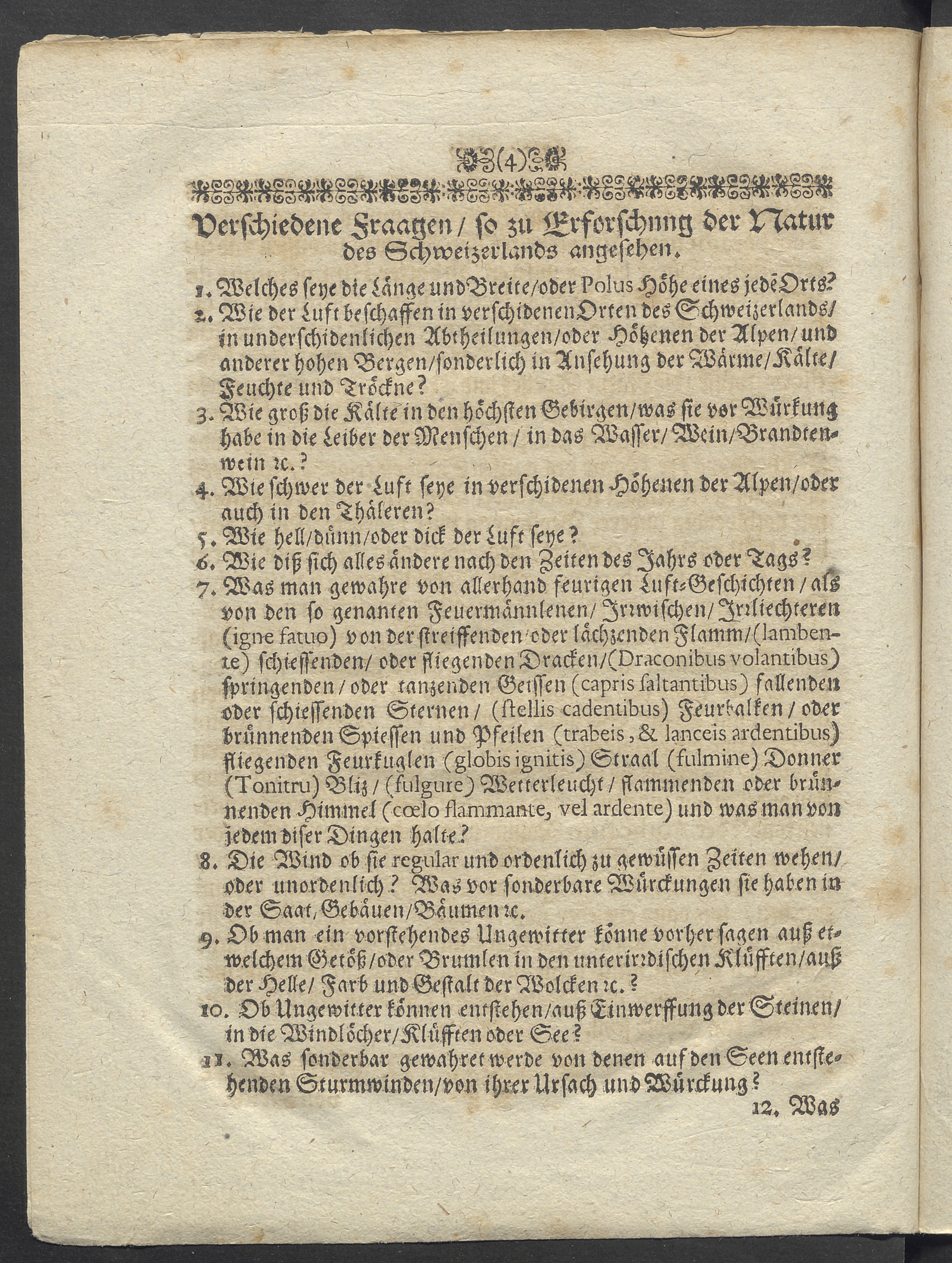 Beginn des Fragebogens (Johann Jakob Scheuchzer: Einladungs-Brief zu Erforschung natürlicher Wunderen so sich im Schweitzer-Land befinden. Zürich 1699, S. 4.)