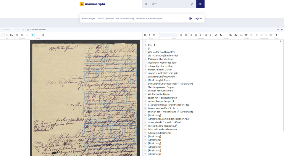 Mittels Transkriptionssoftware Transkribus wurde eine Rohtranskription des Manuskripts hergestellt. Diese kann im Transkriptionstool von e-manuscripta.ch durch Citizen Scientists korrigiert und erg&auml;nzt werden.