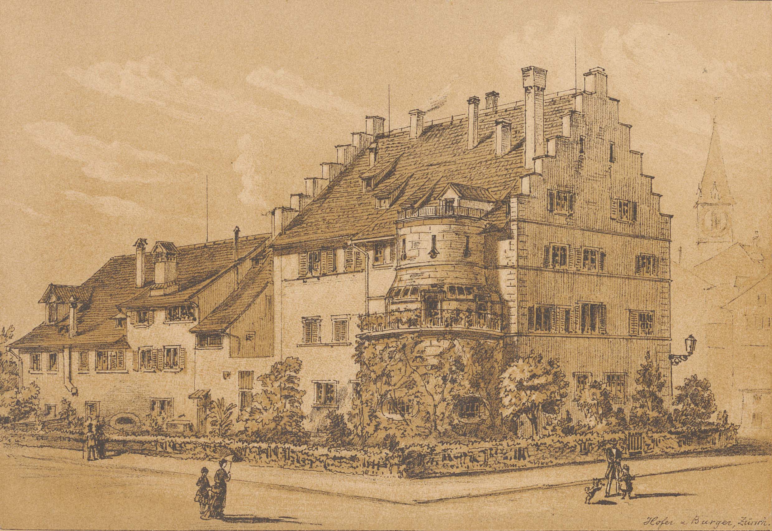 Das 1886 abgebrochene Stadthaus im Z&uuml;rcher Kratzquartier, das Johanna Spyri als Frau Stadtschreiber bewohnte. Mit Vorliebe soll sie im Erker mit Blick auf See und Alpen geschrieben haben. Nach dem Tod ihres Mannes zog sie in die Escherh&auml;user am Zeltweg.   Zentralbibliothek Z&uuml;rich, Z&uuml;rich H2 Fraum&uuml;nster-Qu. Altes Stadthaus I,19