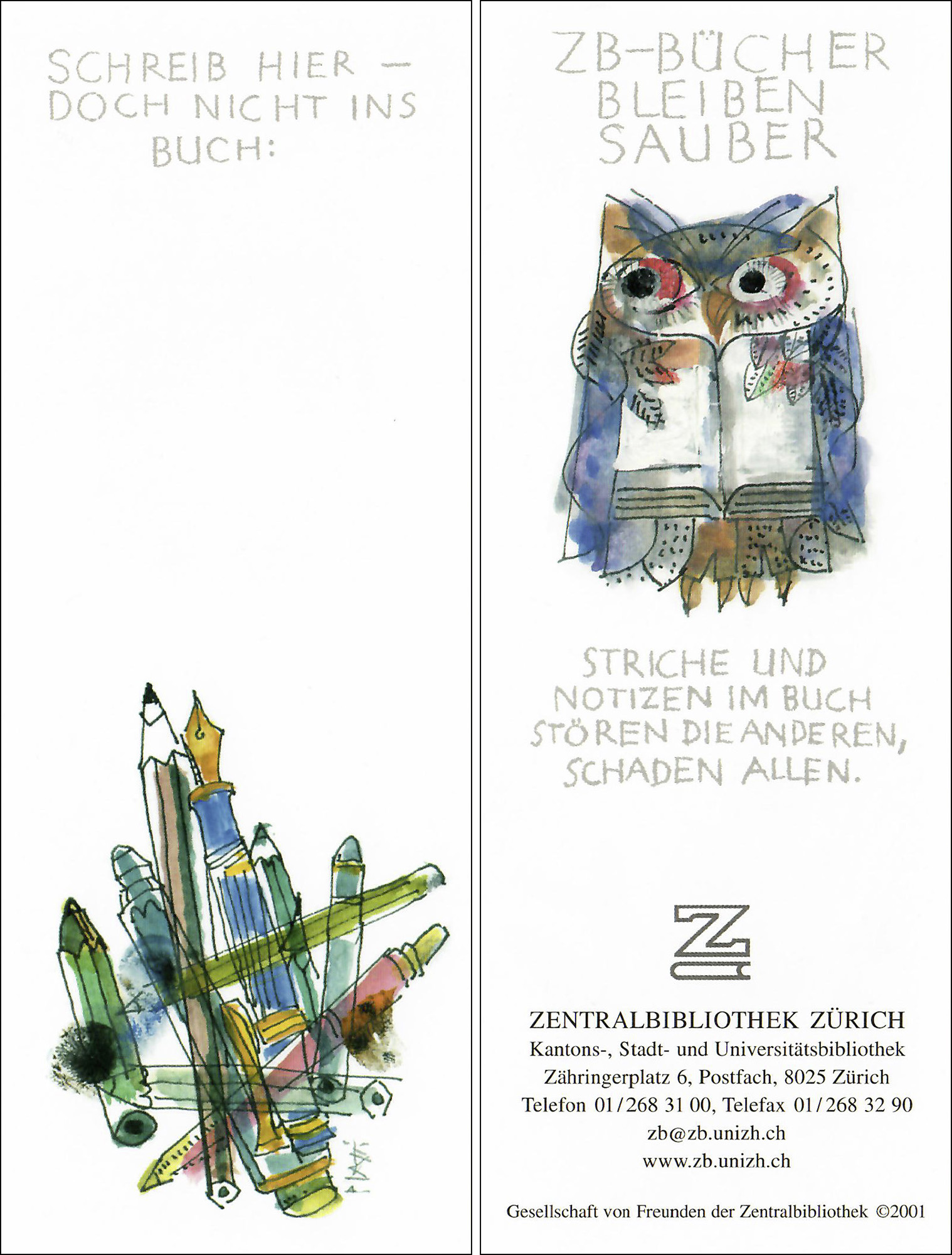 The 2001 ZB bookmark, front and reverse (Image: Celestino Piatti / ‘Celestino Piatti – The Visual Legacy’ Association / ZB Zürich)