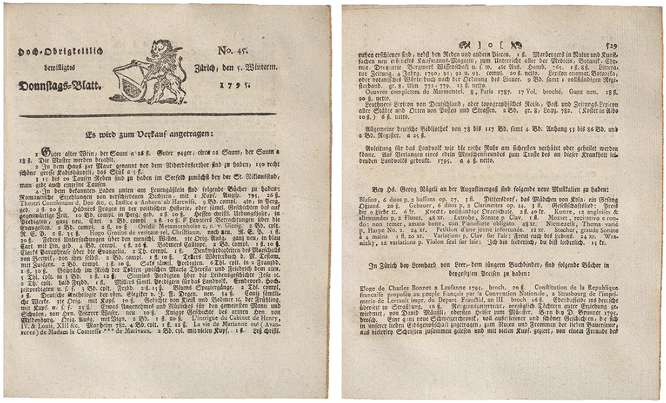 Aus dem Zürcher «Donnstags-Blatt» Nummer 45 aus dem Jahr 1794. <br>Auf der Seite 529 findet sich ein Abschnitt mit der Überschrift «Bey Hs. Georg Nägeli <br>an der Augustinergass sind folgende neue Musikalien zu haben». (Bild: ZB Zürich)