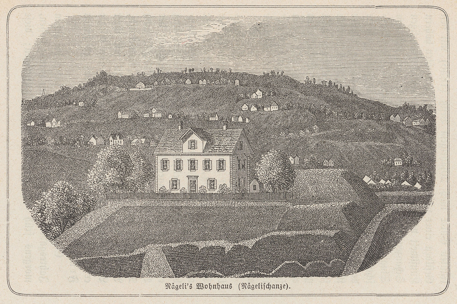 Nägeli’s home on the ‘Nägelisschanze’, between 1840 and 1880. The ‘Nägelischanze’ is part of the ‘Rämibollwerk,’ which, in turn, is part of the city’s fortifications from this time. (Image: ZB Zürich)
