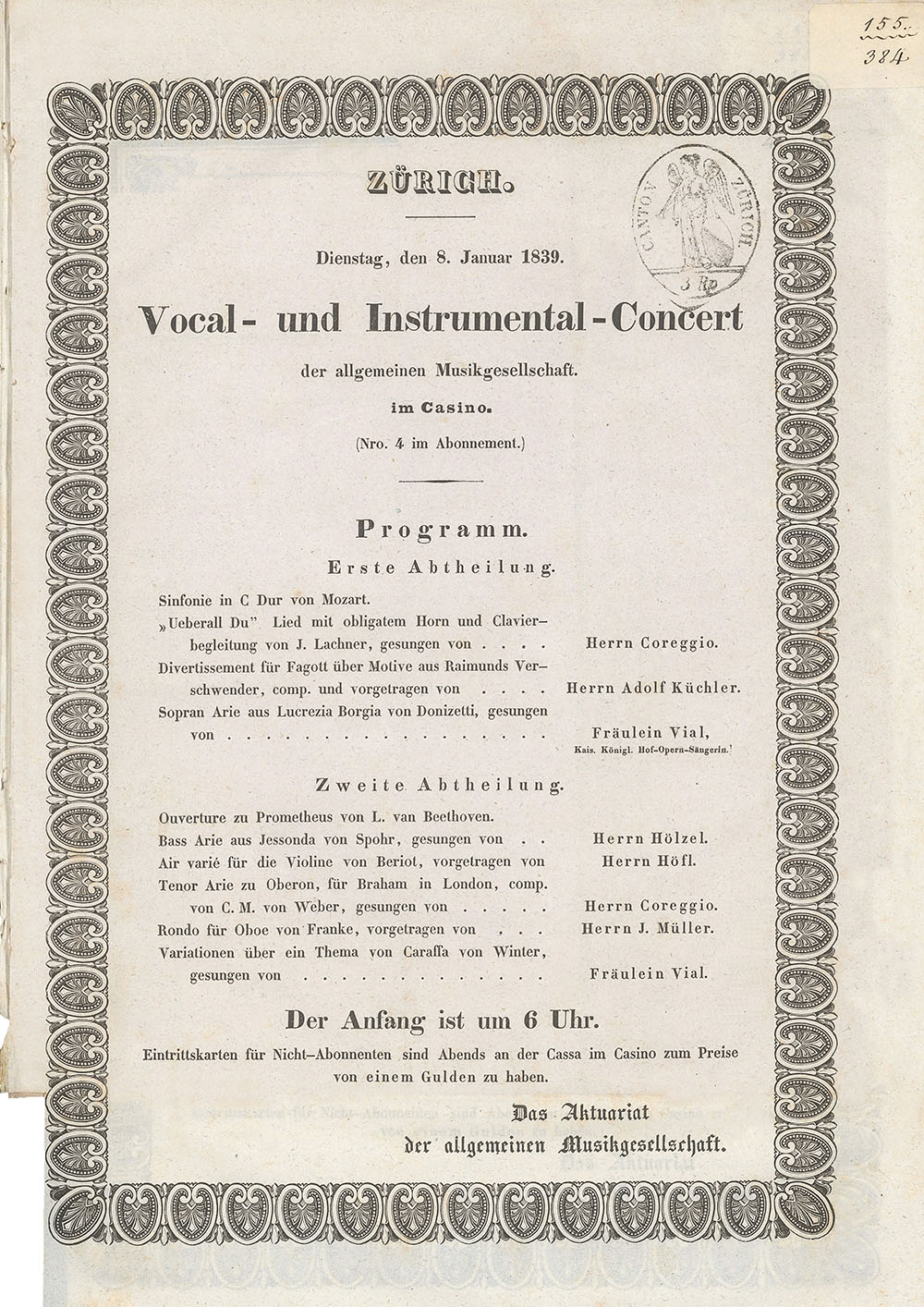 A concert programme for the Allgemeine Musikgesellschaft Zürich [Zurich General Music Society] dated 1839, displaying different styles, instruments and genres. (Image: ZB Zürich)