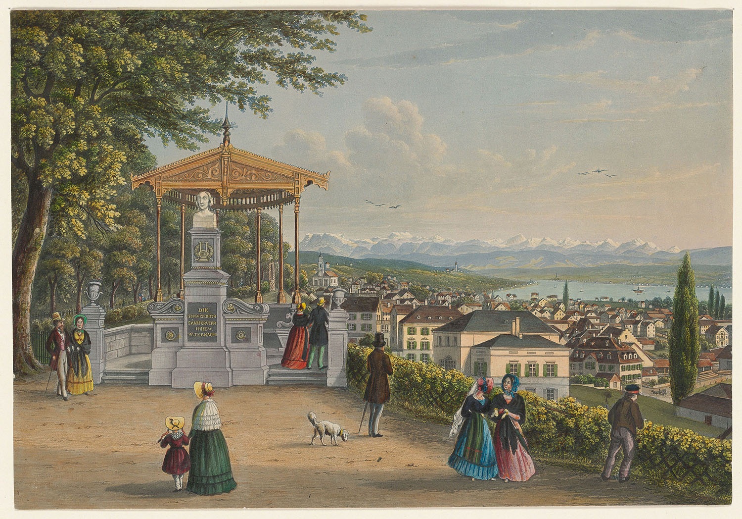 The Nägeli memorial on the Hohe Promenade, between 1875 and 1889. The memorial was erected by the Schweizerische Sängerverein [Swiss Singers’ Association] to commemorate Nägeli’s services to the culture of singing. It has been moved several times and is now located behind the Kantonsschule Hohe Promenade. (Image: Heinrich Siegfried/ZB Zürich)