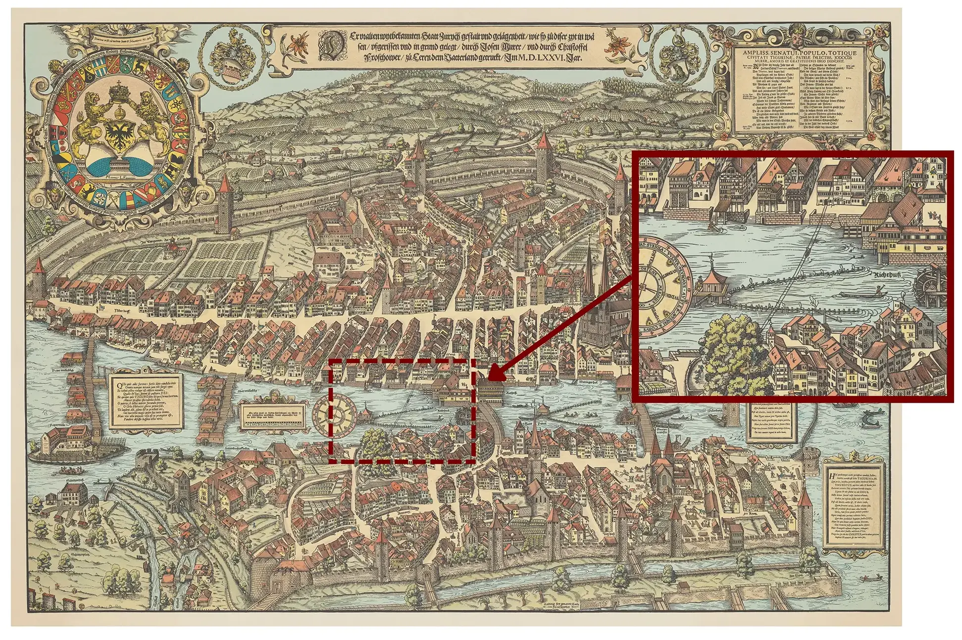 Eine Reproduktion des Murerplans, ca. 1973 von Arthur Dürst herausgegeben. Die Limmat wird von zwei Seilen überspannt, die den Lindenhof mit dem rechten Limmatufer verbinden. Es handelt sich bei dieser Konstruktion vermutlich um eine Seilbahn, die Projektile der Schützengesellschaften transportiert. (Bild: ZB Zürich)