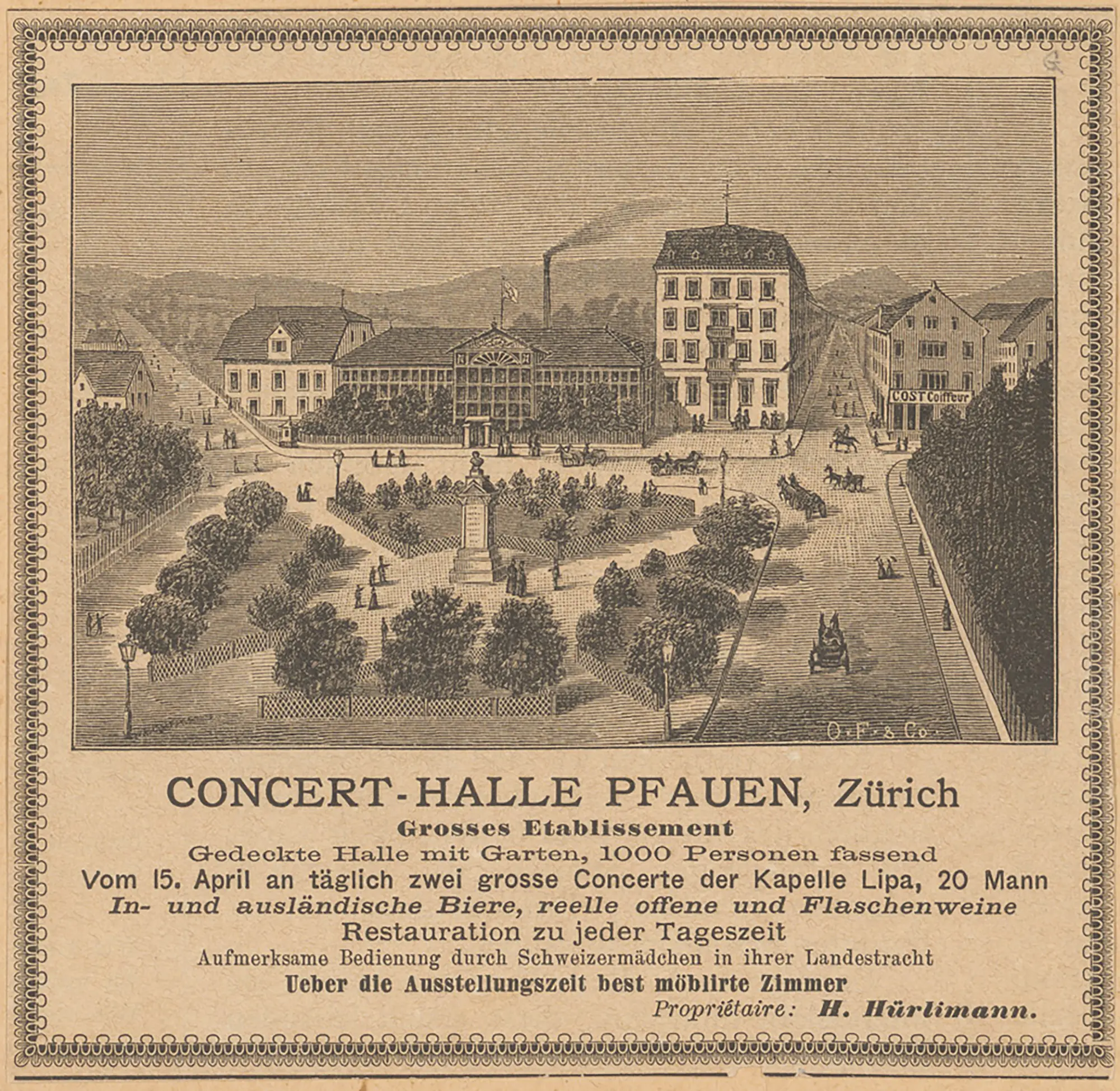 Um 1880 erwirbt der Unternehmer Heinrich Hürlimann mehrere Gebäude am Zürcher Heimplatz. Aus dem anfänglichen Restaurant «Zum Pfauen» wird nach kurzer Zeit die «Concert-Halle Pfauen» und später das «Flora-Theater im Pfauen». Der Betrieb floriert. (Bild: ZB Zürich)