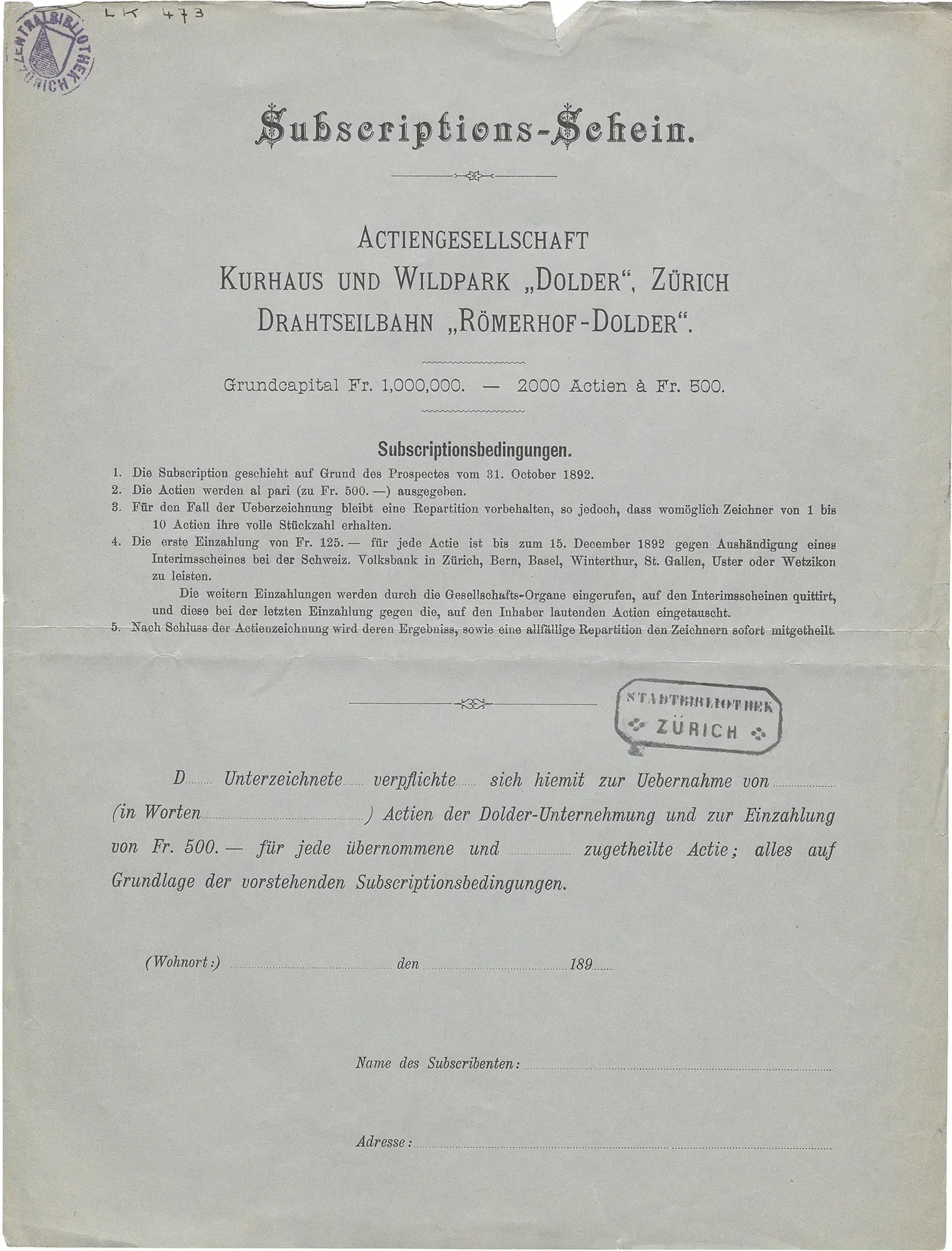 Prospekt und Subskriptions-Scheine, mit denen das Initiativkomitee um Hürlimann 1892 zur Gründung einer Aktiengesellschaft für ein Kurhaus und einen Wildpark «Dolder» sowie für eine Drahtseilbahn «Römerhof–Dolder» aufruft, sind in der ZB archiviert. (Bild: ZB Zürich)