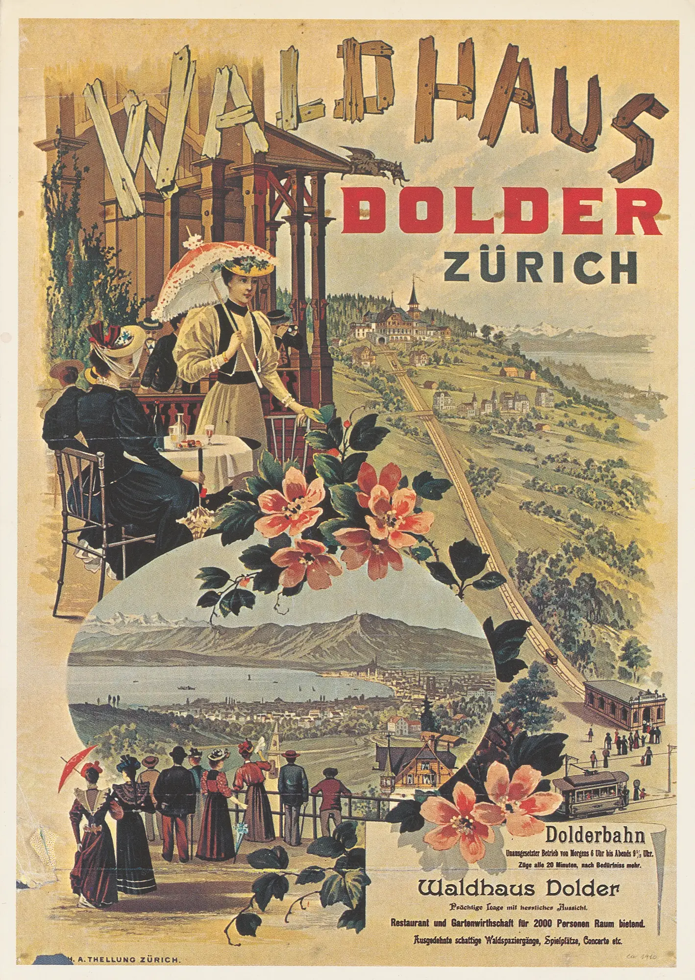 Das Plakat des 1895 eröffneten Restaurants Waldhaus Dolder und der Dolderbahn weckt auch ein Jahrhundert später noch Begeisterung – das Motiv wird in den 1980er-Jahren im Postkartenformat nachgedruckt. (Bild: ZB Zürich)