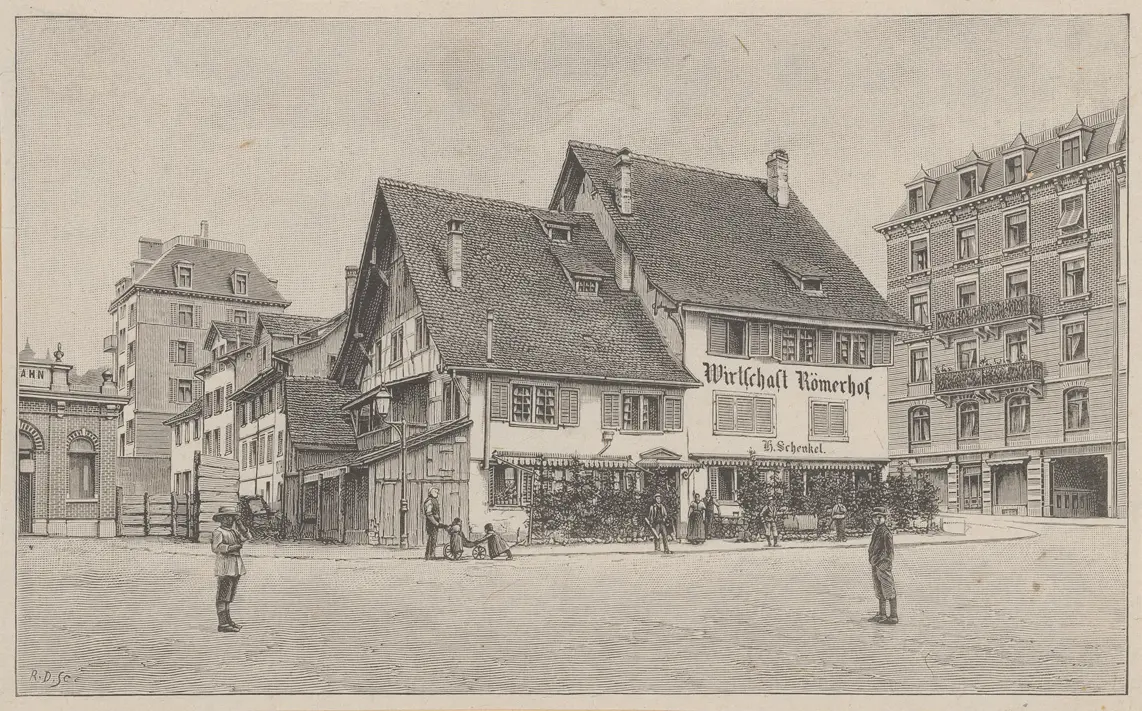 Die provisorische Talstation neben der alten Wirtschaft Römerhof (hier links angeschnitten) in einem Holzstich von Rudolf Dolder. (Bild: ZB Zürich)