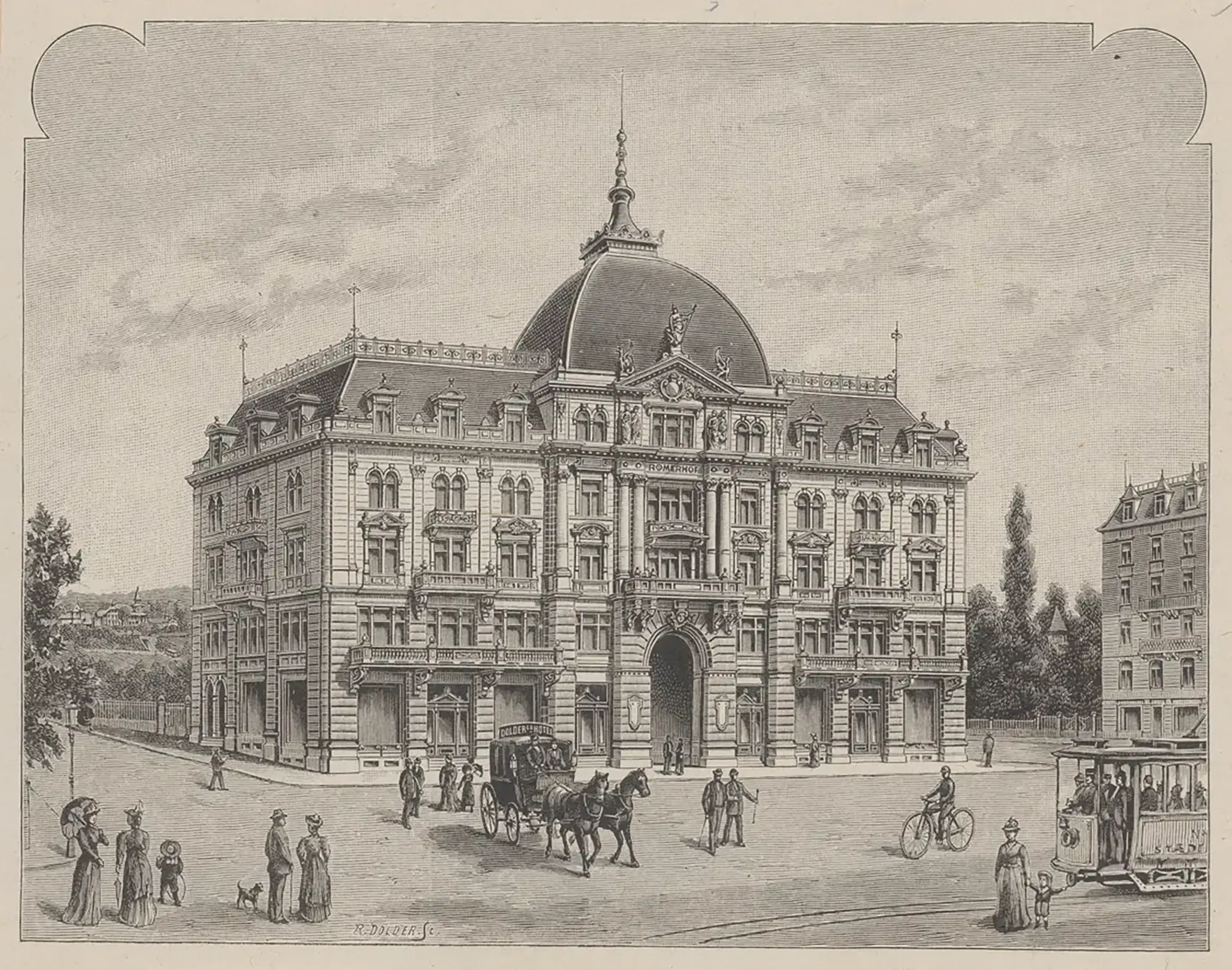 Seit 1898 ist die Talstation der Dolderbahn in das neue Römerhof-Gebäude integriert. (Bild: ZB Zürich)
