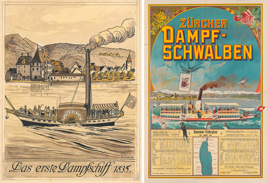 Links das Dampfschiff «Minerva» auf dem Zürichsee, unterwegs zwischen Zürich und Rapperswil, um 1835. Rechts der Sommerfahrplan der Zürcher Dampfschwalben von 1898. (Bilder: ZB Zürich)