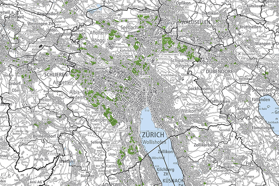 Der grosse Anteil genossenschaftlicher Bauten in der Stadt Zürich ist auf dieser Karte <br>aus dem GIS-ZH gut ersichtlich.  (Bild: © GIS-ZH, Kanton Zürich)