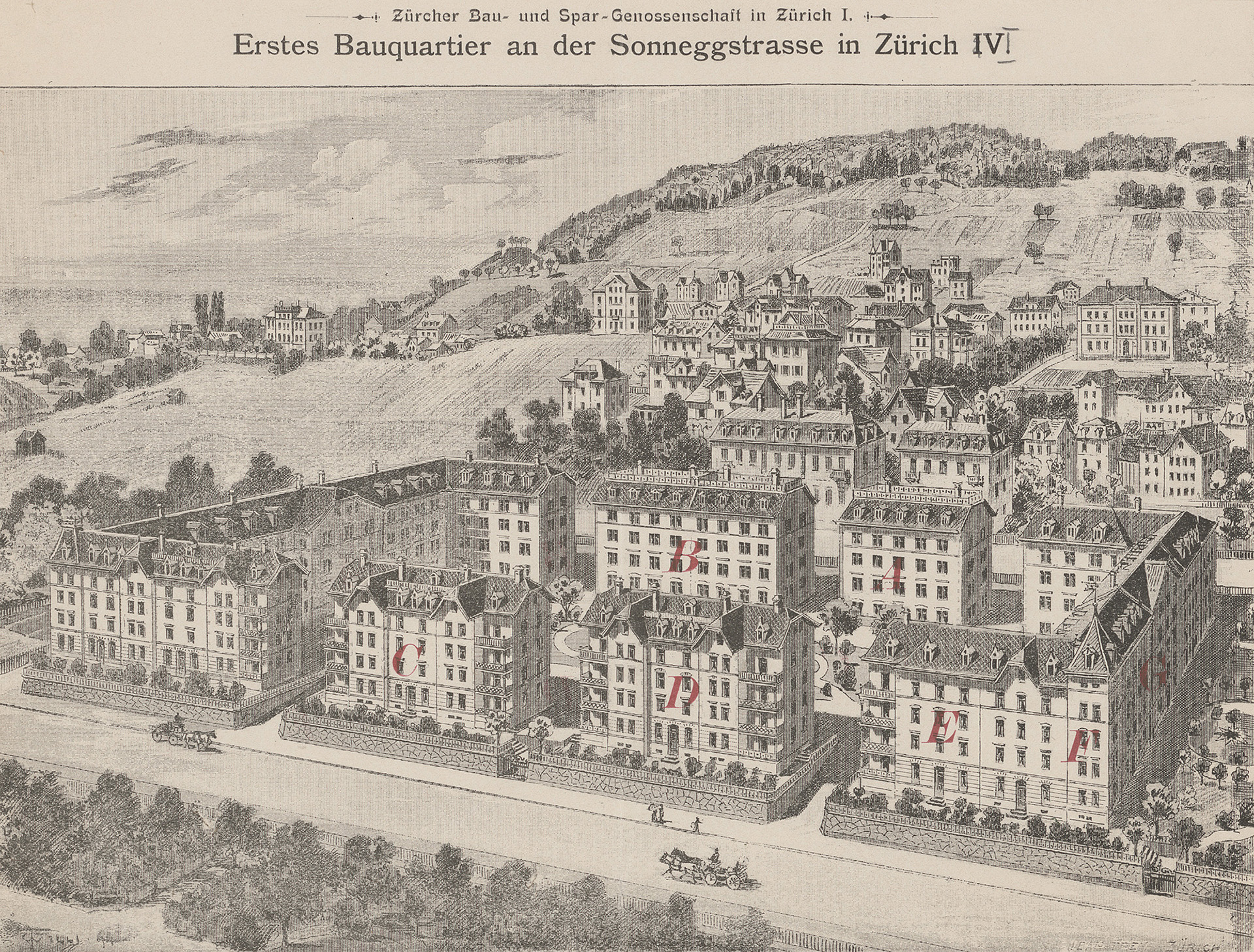 Das erste Bauquartier der Zürcher Bau- und Spar-Genossenschaft an der Sonneggstrasse in Zürich, errichtet 1893–1897. (Bild: ZB Zürich)
