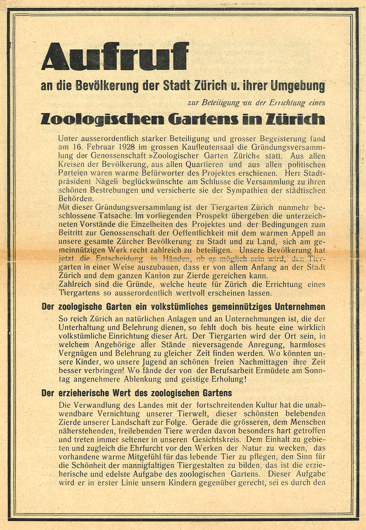 Kapital der Genossenschaft Zoologischer Garten Zürich soll den Bau des Zoos mitfinanzieren. Mit diesem Faltblatt von 1928 rufen die Genossenschaft und die Tiergartengesellschaft Zürich dazu auf, Anteilscheine zu kaufen. (Bild: ZB Zürich)