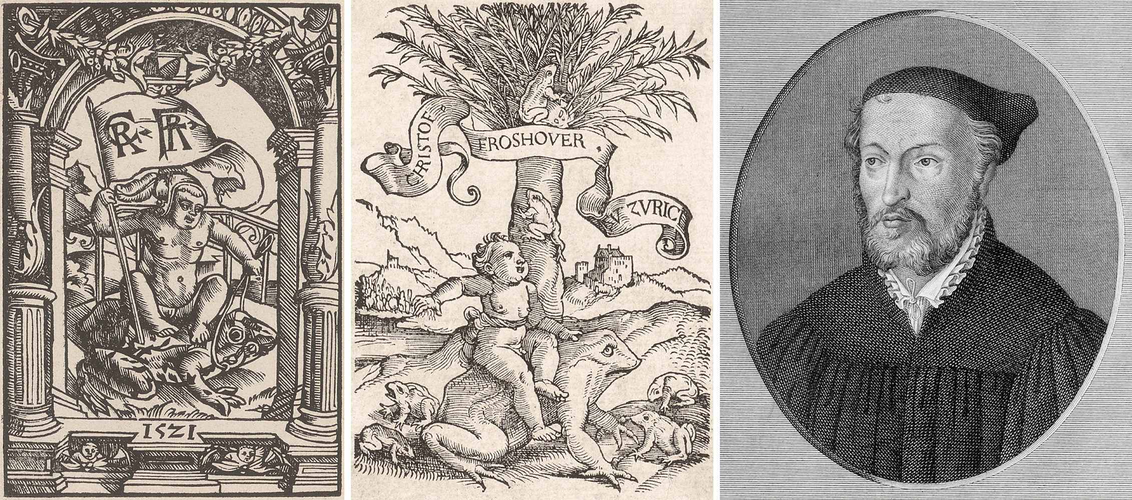 Links das erste, in der Mitte ein weiteres Druckerzeichen der Offizin Froschauer. Rechts der Druckerverleger Christoph Froschauer <br> der Ältere (1490–1564). (Bilder: ZB Zürich)