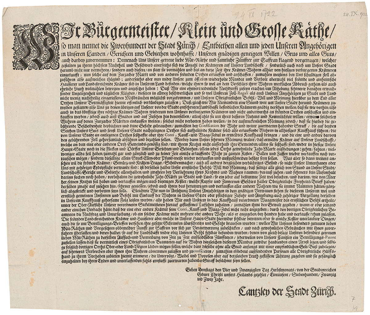 Laut Krämerordnung von 1722 durfte im Umkreis von einer Wegstunde um Zürich nur Ware, die von zünftigen Krämern stammte, verkauft werden. (Bild: ZB Zürich, M&P 3: 7)