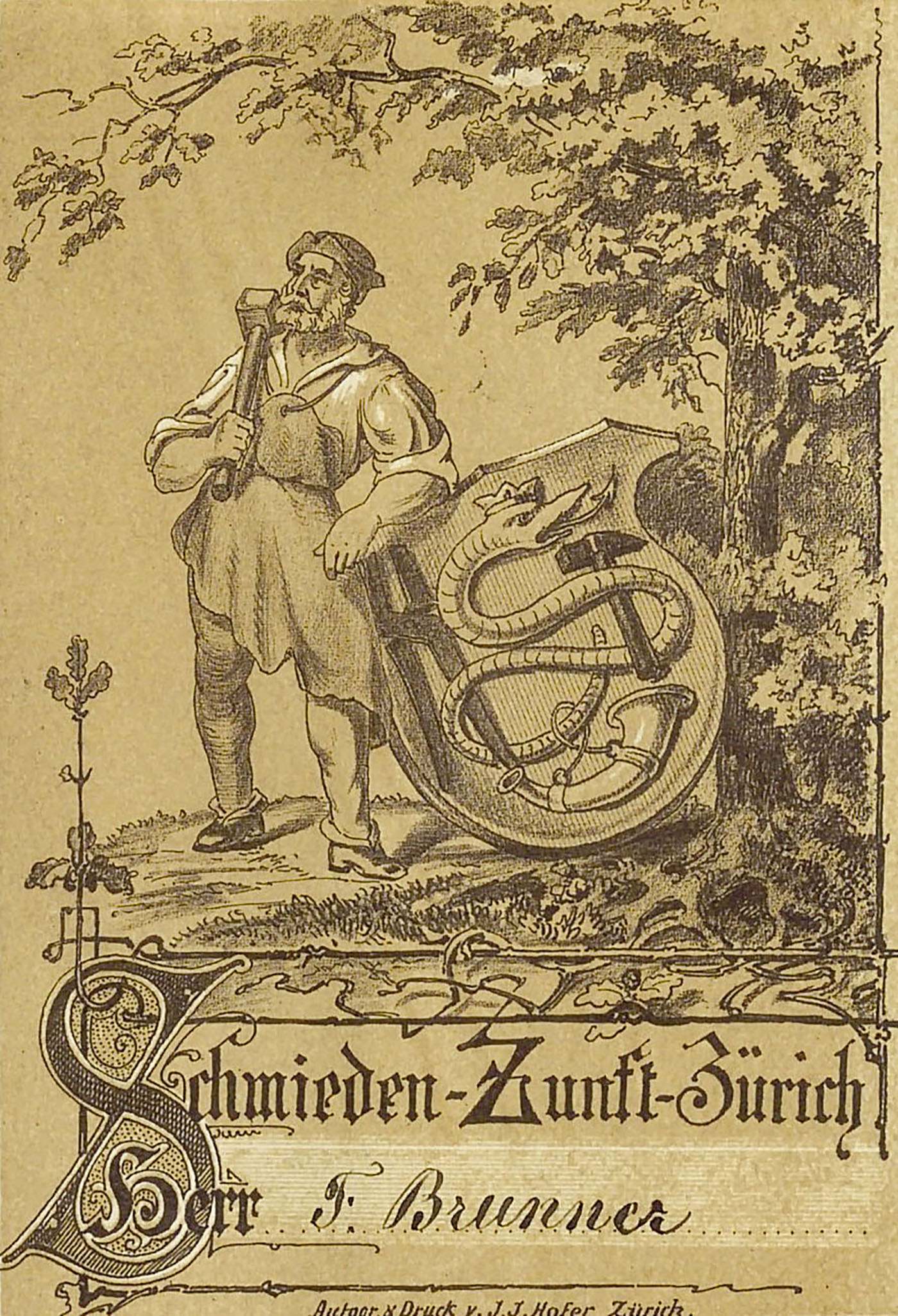 Wappen der Schmi(e)den-Zunft auf einer «Husräuki»-Menükarte von 1882. (Bild: ZB Zürich, ZA Schi 8.236)