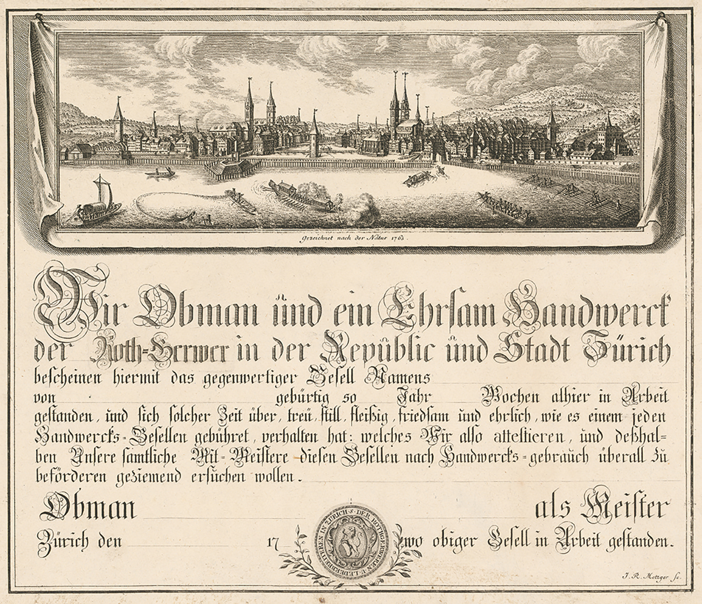Gesellenbrief-Formular der Zürcher Rotgerber, gezeichnet von Johann Rudolf Mezger, 1765. (Bild: ZB Zürich, STF II, 28)
