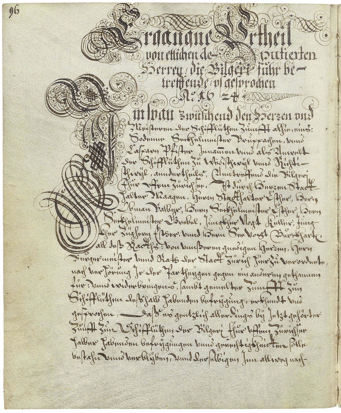 Von Hans Peter Wolf aus Originalurkunden abgeschriebene Ordnungen und Urteile zur Schiffleuten-Zunft, 1594. (Bild: ZB Zürich, Ms. V 460, S. 96)