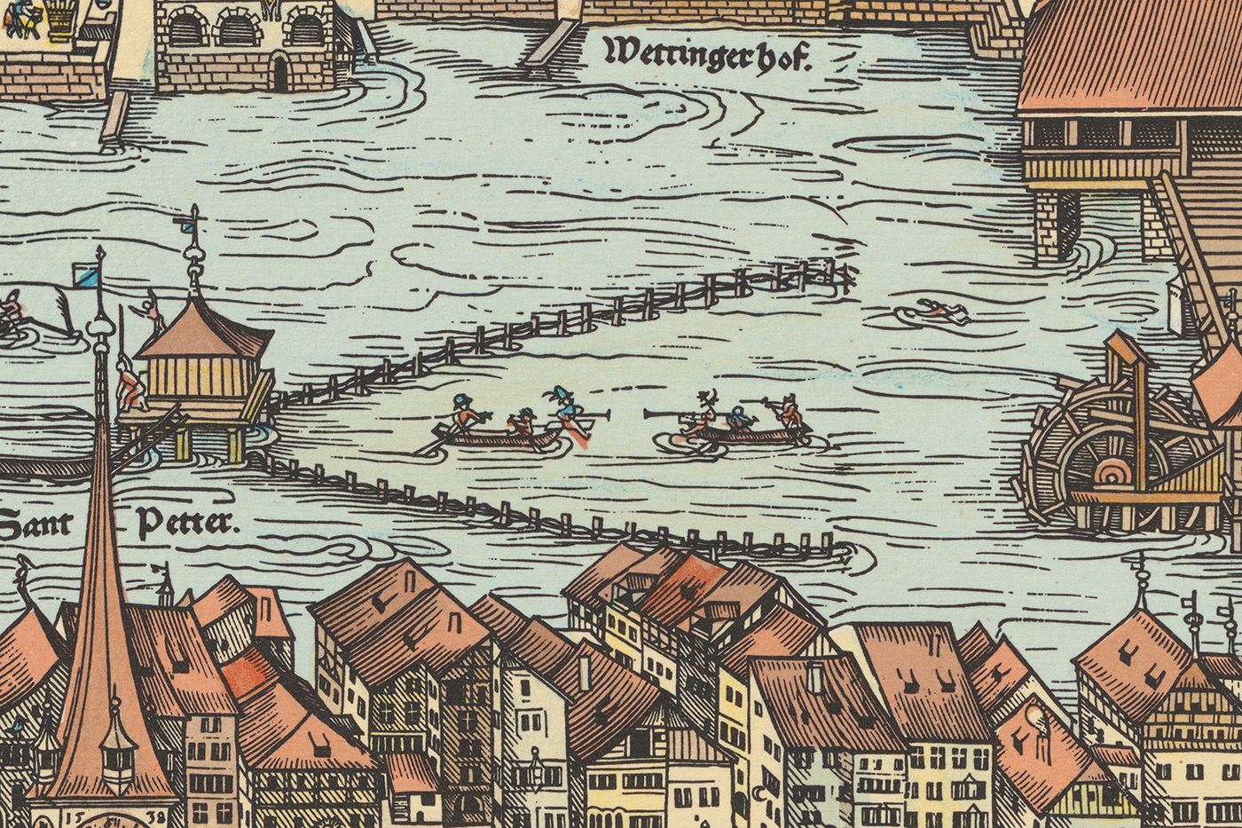 Auf dem Murerplan aus dem 16. Jahrhundert ist ein Schifferstechen festgehalten. Nachdruck von 1973. (Bild: ZB Zürich, Ausschnitt von 5 Lb 02: 10)