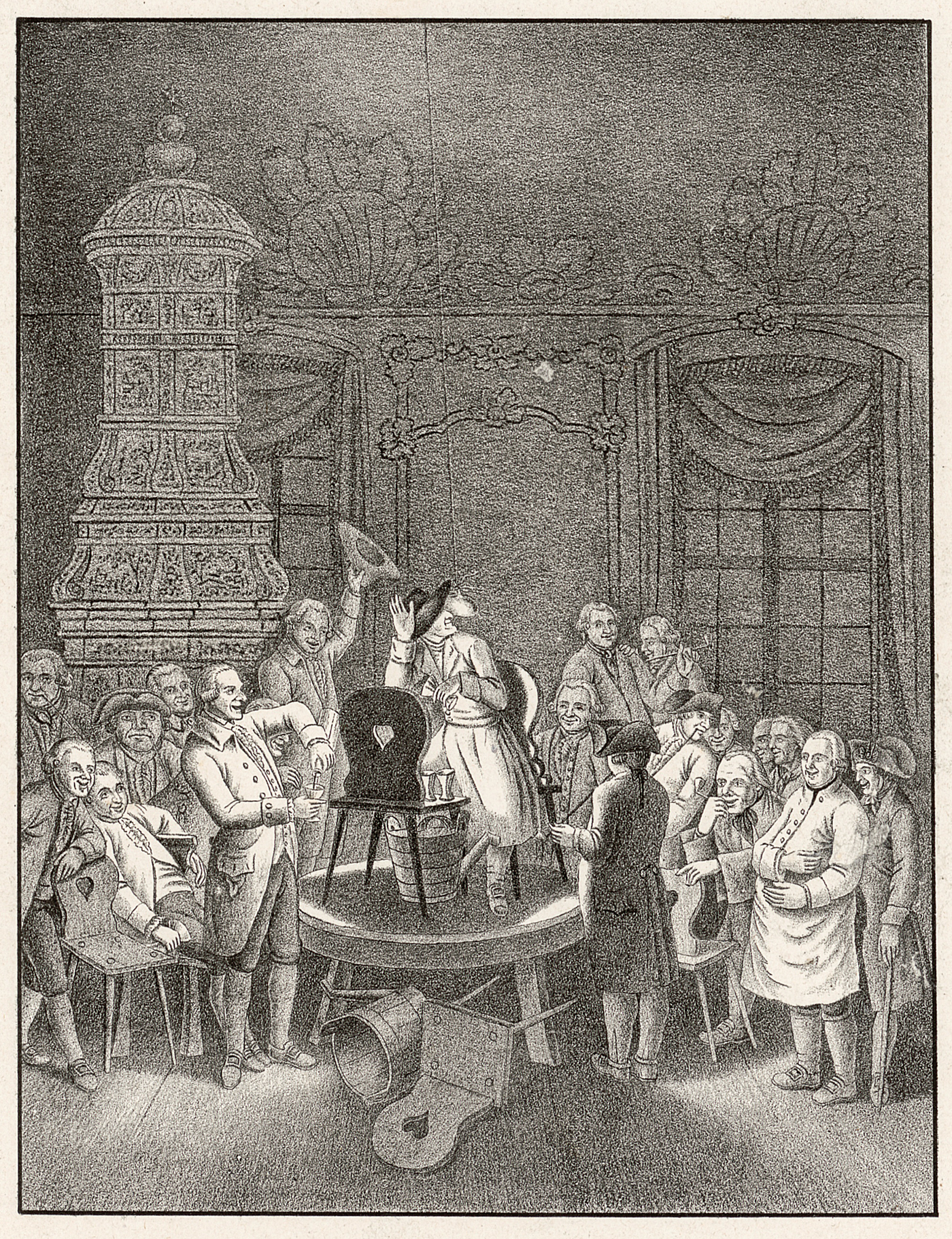 Aquatinta nach Heinrich Freudweiler mit dem Räbenspiel auf der Zunft zur Meisen, 18. Jahrhundert. (Bild: ZB Zürich, Trachten, Zürich I, 240)