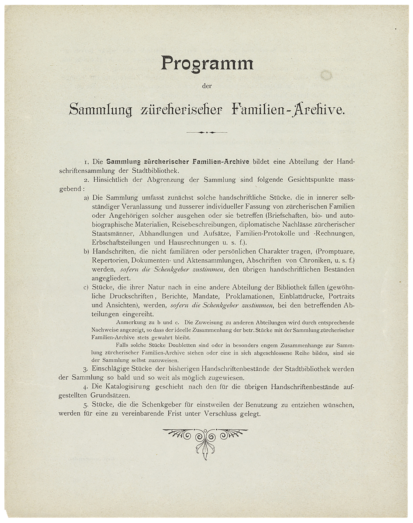 Programm für die Sammlung der Familienarchive in der Stadtbibliothek, November 1900. <br>(Bild: ZB Zürich, Arch St. 133)